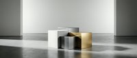 Modern minimalist product display with geometric cubes on reflective surface. Clean studio setup for luxury goods, cosmetics, jewelry presentation.