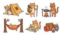 Cute ginger cats camping outdoors with tent, campfire, hammock, backpack and map. Isolated cartoon characters on white background for design projects.