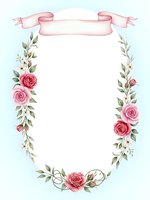 Watercolor floral frame with pink roses and ribbon banner on white background for wedding invitations, greeting cards and romantic design projects.