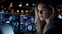 Young blonde Caucasian female cybersecurity analyst working late at night monitoring multiple computer screens with data analytics in modern office environment.