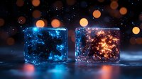 Magical glowing cubes with cosmic energy inside, one blue and one orange, against dark background with bokeh lights creating mystical atmosphere.