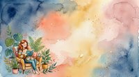Woman and child sitting together in armchair surrounded by potted plants, watercolor illustration with soft pastel colors and abstract washes, suitable for parenting, family bonding, and nursery decor.