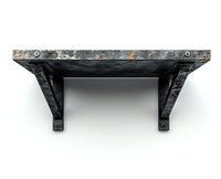 Rustic black wooden wall shelf with metal brackets and weathered top edge isolated on white background for interior design and home decor projects.