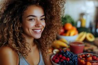 Young mixed-race woman with curly hair smiling in kitchen surrounded by fresh fruits and healthy food ingredients for cooking and meal preparation.