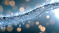 Flowing water splash with frozen droplets and bubbles against blurred bokeh background in cool blue tones, creating dynamic motion and crystalline effect.