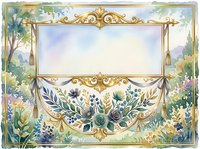 Watercolor garden scene with ornate gold frame, floral swags, tassels, and blank space for text, perfect for invitations and certificates.