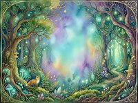 Enchanted forest clearing with glowing magical lights, ancient twisted trees, and mystical atmosphere in soft watercolor style, suitable for fantasy book covers, wall art, and imaginative design projects.