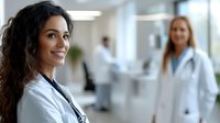 Young female healthcare professional with long dark curly hair and olive complexion wearing white medical coat and stethoscope, smiling in modern hospital corridor with colleagues in background.