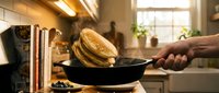 Chef flipping golden pancakes in cast iron skillet during morning cooking in warm kitchen with natural sunlight streaming through window.