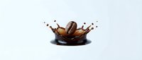 Coffee bean falling into liquid creating dynamic splash with droplets on white background isolated for beverage advertising and cafe marketing materials.