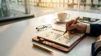 Professional businessman writing strategic business plan at modern office desk with coffee cup and eyeglasses for corporate planning and development.