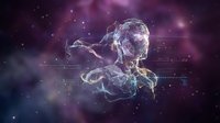 Digital human figure made of glowing particles and network connections floating in a cosmic purple space, representing AI and futuristic technology.
