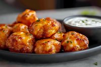 Spicy buffalo chicken meatballs glazed with hot sauce and melted cheese served on dark plate with creamy ranch dipping sauce, appetizer for party or game day.