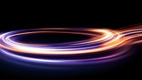 Glowing spiral light trails with orange and purple neon colors swirling on black background create dynamic motion effect for technology and energy concepts.