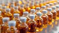 Rows of amber glass medicine bottles with gray caps glowing in warm light, creating repetitive pattern for pharmaceutical or medical industry background.