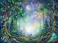 Enchanted forest clearing at night with glowing moon, magical lights, and lush vegetation creating a mystical woodland scene for fantasy and children's book illustrations.