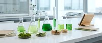Laboratory glassware with green plant extracts and samples on white table for botanical research and natural product development in modern lab.