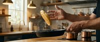 Adult male with medium skin tone tossing sliced vegetables into a skillet in a modern kitchen, capturing dynamic cooking action for culinary content.