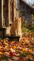 Ginger tabby cat sitting on wooden step surrounded by autumn leaves near rustic barn building. Outdoor pet portrait for seasonal and animal content.