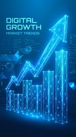 Digital growth market trends concept with glowing blue wireframe arrow and bar chart showing upward business progress on futuristic technology background.