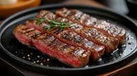 Juicy grilled beef steak sliced on black plate with rosemary sprig, sea salt and peppercorns. Medium rare meat with golden-brown crust and pink center.