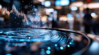 Digital data visualization with glowing blue particles and ripple effect on curved surface, representing financial analytics, technology innovation, and stock market trends for business presentations and digital marketing.