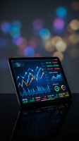 Digital tablet displaying financial trading dashboard with stock market charts and data analytics against colorful bokeh background for investment analysis.