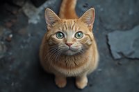 Ginger cat with bright blue eyes looking up at camera against dark background, close-up portrait showing curious expression and alert ears.