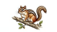 Chipmunk perched on branch with oak leaves, isolated on white background, suitable for wildlife education, nature clipart, children's books, and design projects.