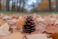 Pine cone resting among fallen autumn leaves in a park, with blurred trees in the background, capturing the essence of fall season.