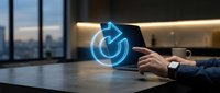 Businessman holding tablet displaying glowing blue refresh icon with city skyline background, representing digital transformation and technology innovation for business solutions.
