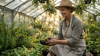Middle-aged Caucasian woman gardener in hat tending plants in sunny greenhouse. Organic farming, sustainable agriculture, botanical cultivation concept.