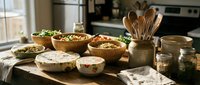 Wooden bowls filled with various dry ingredients, grains, and legumes arranged on a kitchen counter with utensils and jars for cooking and meal preparation.