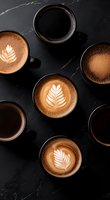 Black ceramic cups filled with various coffee drinks featuring artistic latte art rosetta patterns on dark marble background, overhead view for cafe menu and social media.