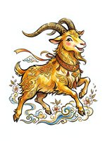 Ornate golden goat with curved horns and decorative patterns, isolated on white background, ready for t-shirt design, clipart, and merchandise applications.