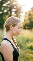Young Caucasian woman with blonde braided hair wearing black sleeveless top, smiling in profile outdoors during golden hour with blurred green nature background for wellness and lifestyle content.
