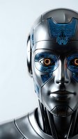 Futuristic humanoid robot head with glowing orange eyes and blue circuit patterns on metallic silver surface for technology and AI concepts.