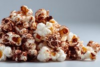 Chocolate-dusted caramel popcorn heap on neutral gray background, showcasing sweet and savory snack mix with varied textures and colors.