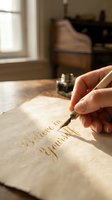 Hand writing Believe in Yourself in gold calligraphy on aged parchment with a dip pen, ink bottle nearby, warm sunlight, motivational concept.