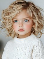 Young Caucasian girl with bright blue eyes and curly blonde hair wearing white knit sweater, looking directly at camera with natural makeup and rosy cheeks.