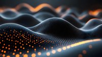 Futuristic digital waves with glowing orange particles flowing through dark mesh surface create dynamic technological landscape. Abstract visualization for data concept.