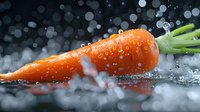 Fresh orange carrot with water drops splashing against dark background with bokeh lights, macro food photography for healthy eating and freshness concept.