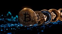 Golden cryptocurrency coins including Bitcoin, Ethereum and other altcoins arranged in row on dark background with blue glowing digital elements and bokeh effect.