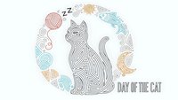 Decorative line art cat silhouette with ornamental patterns in circular frame. Day of the cat celebration design for greeting cards and pet lover gifts.
