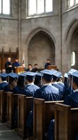 Graduation ceremony in historic stone chapel with students in caps and gowns seated in wooden pews listening to speakers at podium for academic achievement.