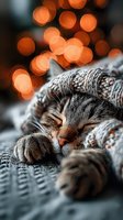 Adorable tabby kitten sleeping peacefully wrapped in cozy knitted blanket with warm orange bokeh lights creating magical holiday atmosphere for pet care content.