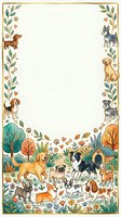 Cute dog breeds border frame with autumn trees, paw prints and hearts. Blank space for text. Pet lover greeting card, invitation or poster template.