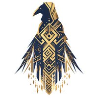 Stylized geometric raven in navy blue and gold with abstract tribal pattern design, featuring angular shapes and decorative elements on white background.