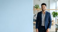 Young man with dark hair and Mediterranean ethnicity wearing navy blazer and light shirt standing in modern office with plants, smiling at camera. Corporate portrait.