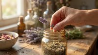 Hand placing dried lavender into glass jar with herbs, creating natural wellness remedy or herbal tea blend for relaxation and aromatherapy uses.
